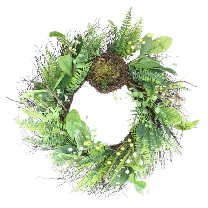 Northlight Green and Brown Foliage Artificial Spring Wreath with Nest - 24-Inch, Unlit, 1 of 4