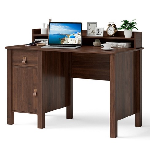 Home Office Computer Desk Hutches Big Storage Space Study Writing Table  with Storage Drawers and Bookshelf for Small Space Bedroom Study, Walnut