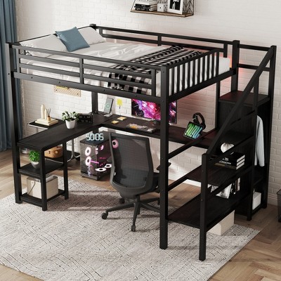 ALEXOUN Full Size Loft Bed with L Shaped Desk and Storage Stairs,Metal Full Loft Bed Frame with Wardrobe and Shelf,for Kids,Teens, Adults, Black