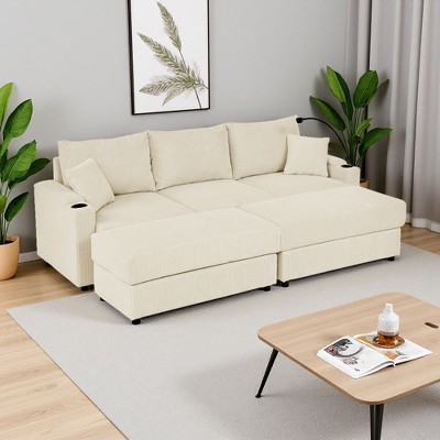 Oversize 102" Corduroy Sectional Sofa Bed with 2 Storage Ottomans, Cup Holders & Phone Holder