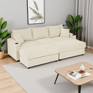 Oversize 102" Corduroy Sectional Sofa Bed with 2 Storage Ottomans, Cup Holders & Phone Holder - 1 of 4