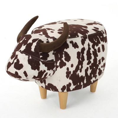 Brown and White Velvet Cow Ottoman with Rubberwood Legs