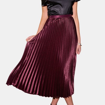 Women's Burgundy Elegant Pleated Velvet Midi Skirt - Cupshe
