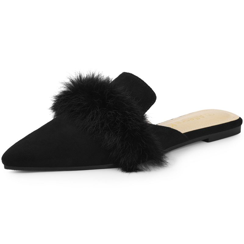 Allegra K Women's Pointed Toe Faux Fur Slip on Flat Slide Mules, 1 of 7
