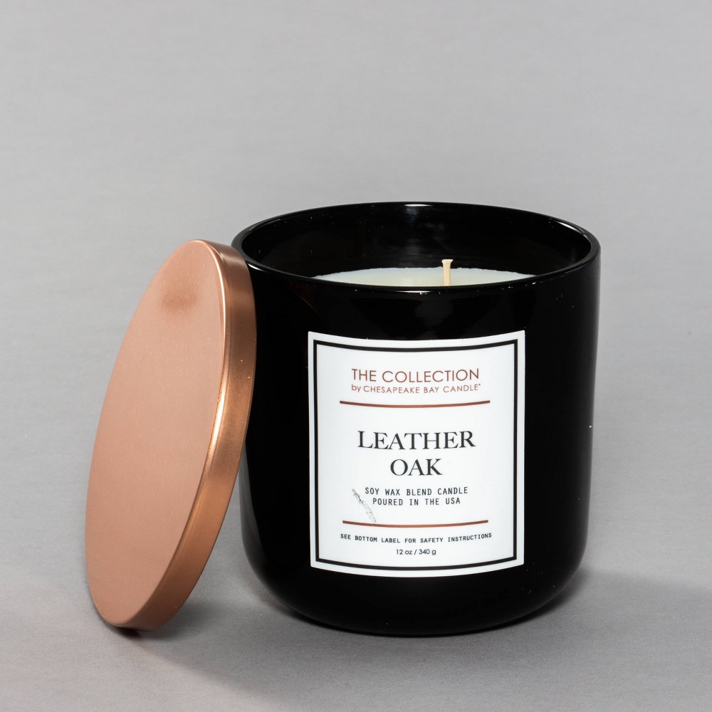 2-Wick Black Glass Leather Oak Lidded Jar Candle 12oz - The Collection by Chesapeake Bay Candle