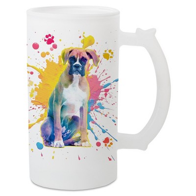 100 North Freezable Beer Stein Mug With Thumb Grip Handle, 16 Ounce Frosted Glass, Boxer Dog Paint Splatter