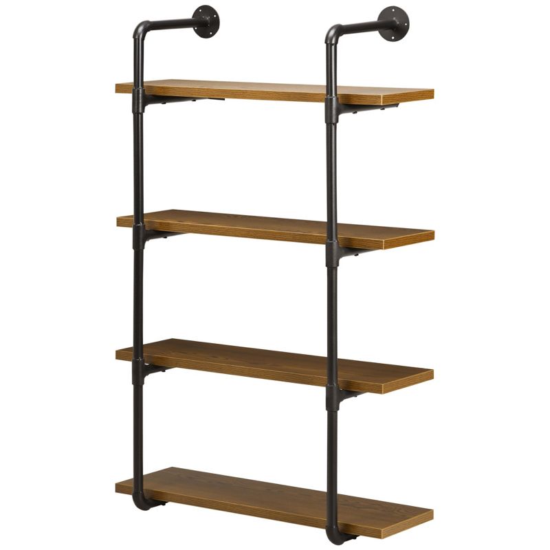 HOMCOM 4-Tier Industrial Pipe Shelves Floating Wall Mounted Bookshelf, Metal Frame Display Rack, 1.25" Thickness Shelving Unit Kitchen, Bar, Brown, 4 of 9