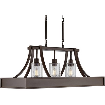 Franklin Iron Works Bronze Wood Linear Island Pendant Chandelier 36" Wide Industrial Seeded Glass 3-Light Fixture for Kitchen