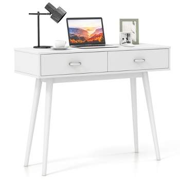 Tangkula Computer Desk w/ 2 Drawers Writing Study Desk with Solid Rubber Wood Legs