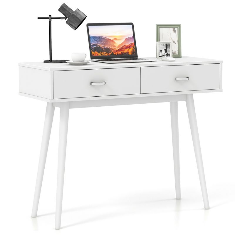 Tangkula Computer Desk w/ 2 Drawers Writing Study Desk with Solid Rubber Wood Legs, 1 of 10