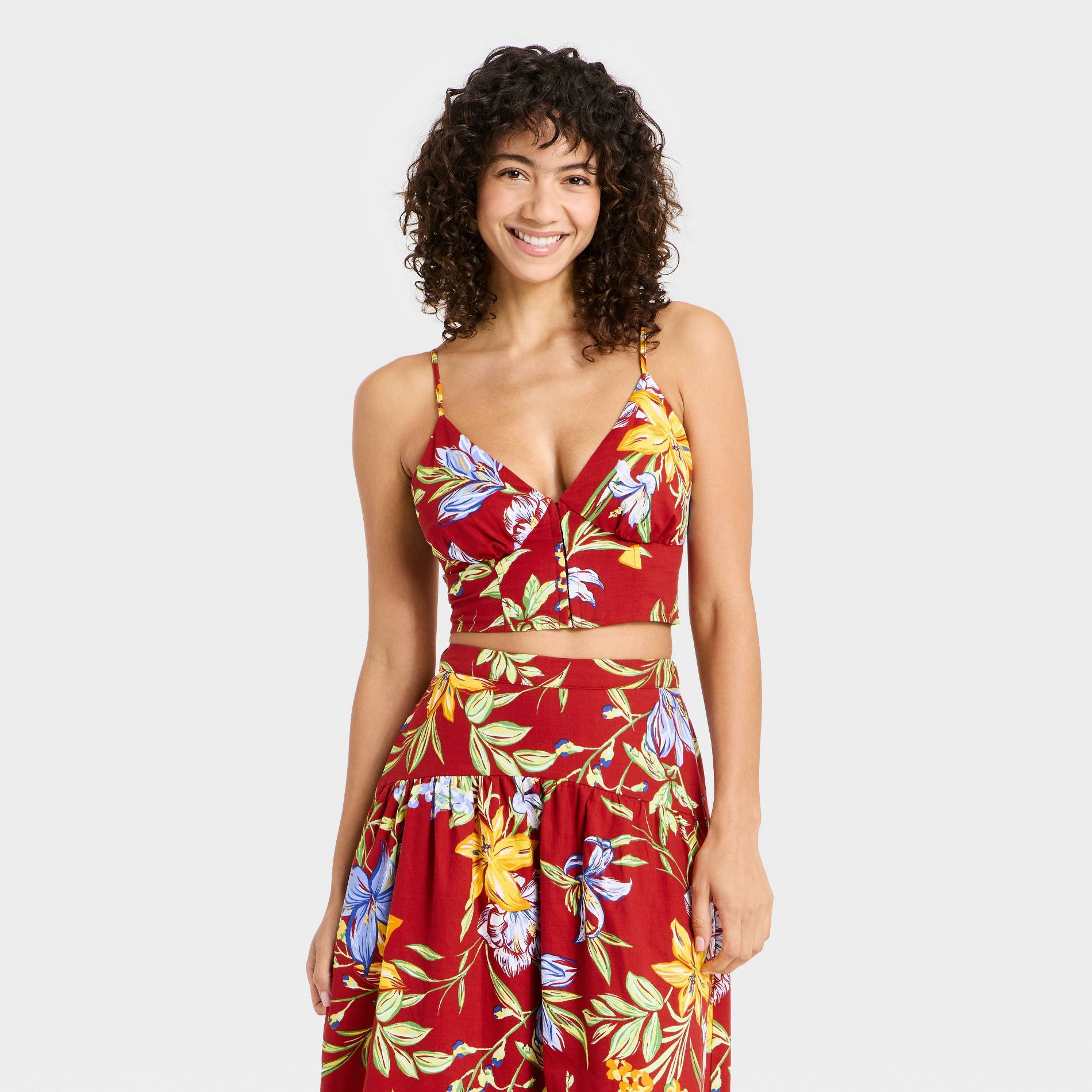 Women's Luxe Linen Corset Top - A New Day™ Red Floral