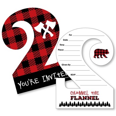 Big Dot of Happiness 2nd Birthday Lumberjack - Channel The Flannel - Shaped Fill-in Invites - Birthday Party Invite Cards with Envelopes - Set of 12