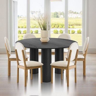 7-Piece Round Dining Table Set, 52" White Oak Pedestal Table with 6 Boucle Chairs for Kitchen & Dining Room-Maison Boucle‎