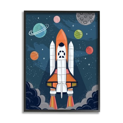 Stupell Industries Rocket Ship Ready for Flight Outer Space Planets Black Framed Giclee Art