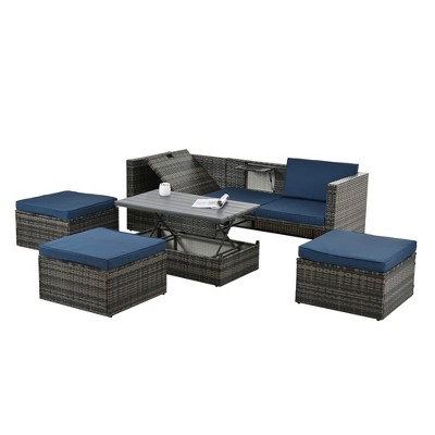 Maggift 5PCS Patio Seating Rattan Furniture Set Sectional Sofa Cushioned Garden, Tempered Glass Table, Blue, 82.5"*27.5"*26.7"