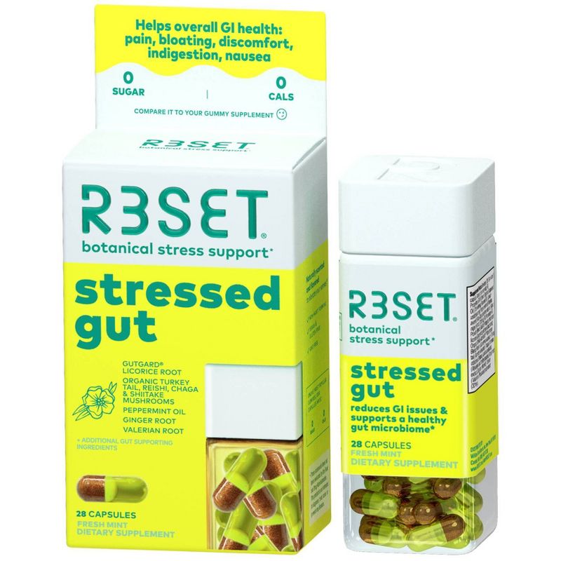 R3SET Stressed  Gut Vegan Prebiotic for Heartburn, Bloating and Gas with Ginger, Licorice Roots and Organic Mushroom Blend Dietary Supplements -  28ct, 1 of 16