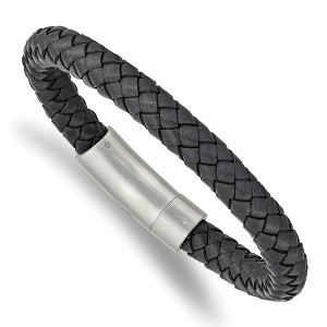Black Bow Jewelry 7.8mm Stainless Steel Dark Gray Leather Braided Bracelet, 8.25 Inch - 1 of 4