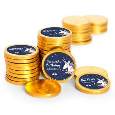 84 Pcs Navy Unicorn Kid's Birthday Candy Party Favors Chocolate Coins with Gold Foil
