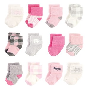 Hudson Baby Infant Girls Cotton Rich Newborn and Terry Socks, Pink Moose - 1 of 2