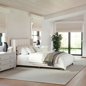 Martha Stewart Kay Upholstered Platform Bed w/ Channel Stitched Wingback Headboard and Cushioned Siderails, Wood Slat Foundation, No Box Spring Needed - 1 of 4