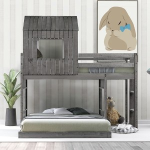 Whisen Wooden Twin Over Full Bunk Bed, Loft Bed with Playhouse, Farmhouse, Ladder, Slide and Guardrails - 1 of 4