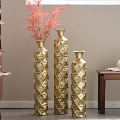 Angel Sar Metal Floor Vase, Tall Large Floor Vase with Glittering Triangle Prism Design (Set of 3)