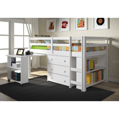 White Twin Pine Loft Bed with Storage and Desk