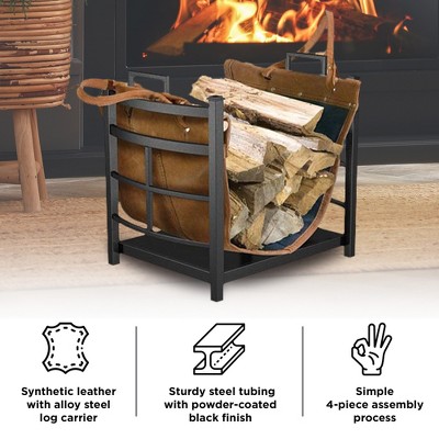 Panacea Black Steel Log Bin with Synthetic Leather Carrier