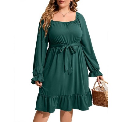 WhizMax Women's plus size Dress Casual Square Neck Dress Puff Long Sleeve Dresses High Waist Ruffle Midi Dress with Belt