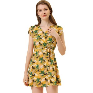 Allegra K Women's Boho Crossover V Neck Petal Sleeves Belted Floral Flowy Dress - 1 of 4
