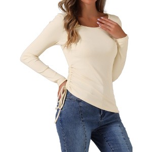 Allegra K Women's Drawstring Ruched Round Neck Long Sleeve Irregular Hem Basic T-shirt - 1 of 4