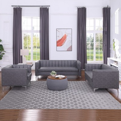 3-Pieces Grey PU Leather Sofa Set Chair Loveseat and Sofa with Channel Backrest Simplicism - Morden Fort