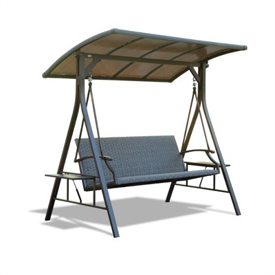 DSVIMOY 3-Seat Patio Swing Chair, Outdoor Porch Swing with Adjustable Canopy, Patio Swing Glider for Garden, Deck, Brown, 74.53"*47.48"*68.7"