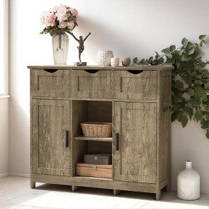 Wooden Floor Storage Cabinet with Drawers & Adjustable Shelves, Accent Cabinet for Living Room, Bedroom, Bathroom, Home Organizer Furniture - 1 of 4