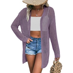 Clearlove Women's Lightweight Long Sleeve Open Front Beach Cover Up Crochet Lace Duster Cardigan Summer Boho Chic Shrug - 1 of 2
