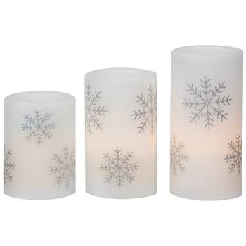Northlight Set of 3 Flameless Silver Snowflakes Flickering LED Christmas Wax Pillar Candles 6"