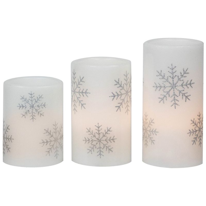 Northlight Set of 3 Flameless Silver Snowflakes Flickering LED Christmas Wax Pillar Candles 6", 1 of 8