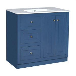 Vynxaria 36 inch Blue Single Sink Freestanding Bath Vanity with White Ceramic Top Two Silent Glide Drawers Two Soft Close Doors Adjustable Shelf - 1 of 4
