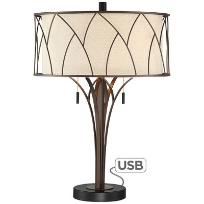 Franklin Iron Works Mid Century Modern Table Lamp with USB Charging Port Metal Drum Shade for Living Room Bedroom Bedside Office