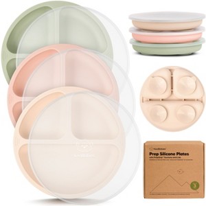 3-Pack Prep Suction Plates with Lids, 100% Silicone Baby Plates with Lid, BPA-Free Kids Divided Toddler Plates - 1 of 4