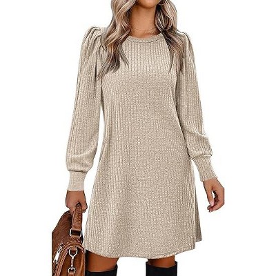 Women Knit Dress Puff Long Sleeve Dress for Fall Winter Round Neck Casual Tunic Dress
