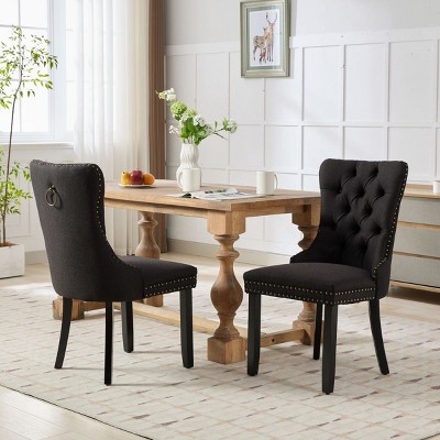 Modern Linen Upholstered Dining Chair Set of 2 with Nailhead Trim Tufted High Back and Solid Wood Legs for Dining Room-Baofuwish