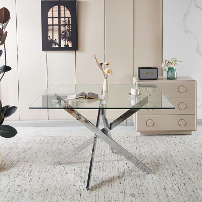 Glass Top Dining Table with Cross Metal Legs, Round/Square Kitchen Table for 4-6 - ModernLuxe