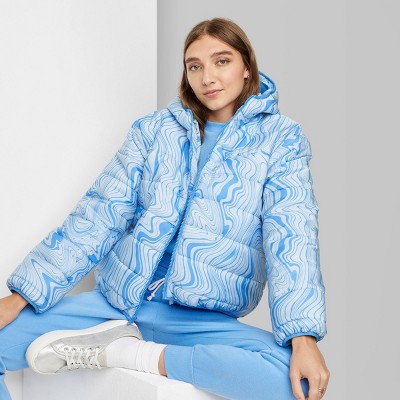 Women's Hooded Puffer Jacket - Wild Fable™ Blue Marble S
