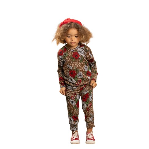 Girls Floral Leopard Crew Jogger Set Mia Belle Girls, Burgundy, 10