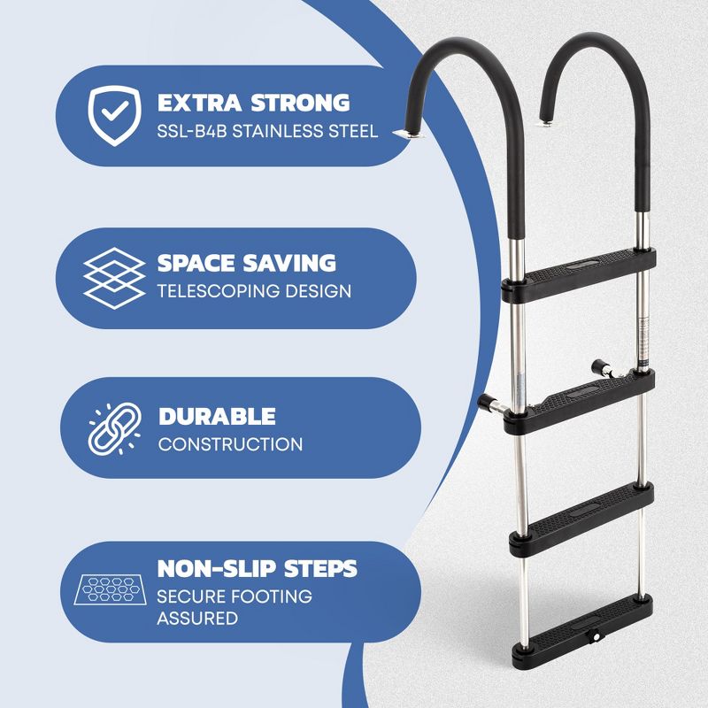 RecPro Compact Stainless Steel Tubing Heavy Duty 4 Step Pontoon Boat Boarding Ladder, Easily Opened and Closed, Includes Slots and Studs, Black, 2 of 7