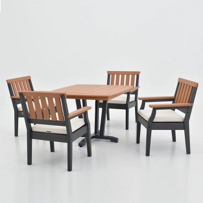 Square Planked Wood Outdoor Dining Set 4 Chair & Table Patio Furniture
