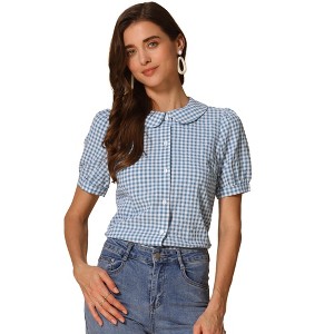 Allegra K Women's Plaid Gingham Puff Short Sleeve Peter Pan Collar Button Down Shirt - 1 of 4