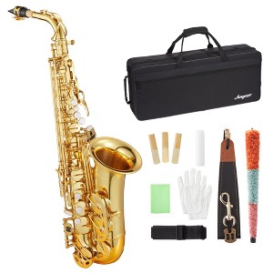 Brass Eb Alto Saxophone Set with Case, Cork Grease, Cloth, Neck Strap, Brush, Gloves & Reed - Perfect for Beginners & Performances - 1 of 4