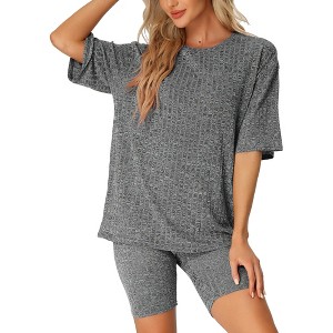cheibear Women's Tracksuit Short Sleeves Top with Shorts Ribbed Knit Soft Pajama Sets - 1 of 4